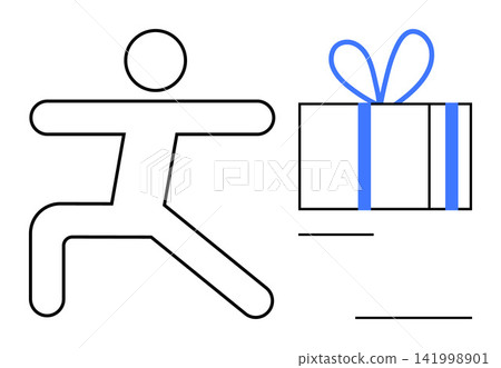 Gift giving, celebration, reward system, holidays, achievement, motivation. Stick figure reaching toward a present with a blue ribbon. Gift giving and celebration concept 141998901