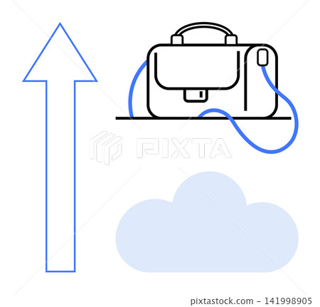 Cloud technology, remote work, file storage, digital connectivity, data management, cloud security. Briefcase symbol with upward arrow and cloud. Cloud technology and remote work Cloud technology, remote work, file storage, digital connectivity, data management, cloud security. Briefcase symbol with upward arrow and cloud. Cloud technology and remote work 141998905