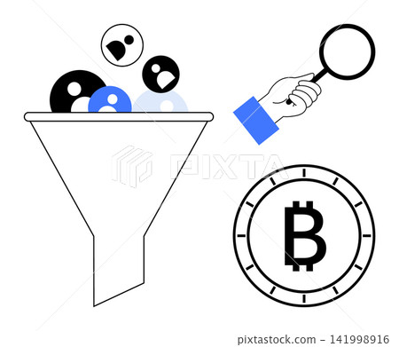 Data analysis, cryptocurrency, blockchain, digital economy, financial solutions, user filtration. Funnel processing icons, hand holding a magnifying glass Bitcoin symbol. Data analysis Data analysis, cryptocurrency, blockchain, digital economy, financial solutions, user filtration. Funnel processing icons, hand holding a magnifying glass Bitcoin symbol. Data analysis 141998916