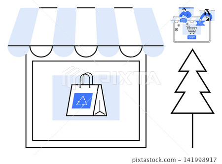 Sustainability, eco-commerce, online shopping, holiday season, recycling, environmental awareness. Storefront with a shopping bag and tree. Sustainability and eco-commerce concept Sustainability, eco-commerce, online shopping, holiday season, recycling, environmental awareness. Storefront with a shopping bag and tree. Sustainability and eco-commerce concept 141998917