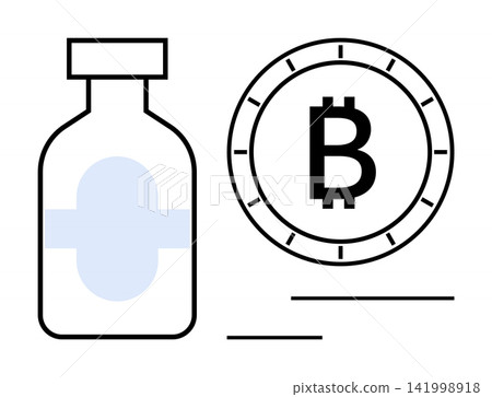 Cryptocurrency, blockchain, healthcare innovation, e-commerce, financial technology, medical trade. Bitcoin symbol next to a medicine bottle. Cryptocurrency and healthcare innovation concept 141998918