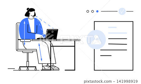 Workplace productivity, digital documentation, online identity verification, data management, remote working, professional tasks. Person at desk with a laptop and digital user interface. Productivity Workplace productivity, digital documentation, online identity verification, data management, remote working, professional tasks. Person at desk with a laptop and digital user interface. Productivity 141998919