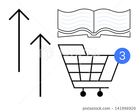 E-commerce, education, online shopping analytics, digital sales, knowledge progress, consumer trends. Shopping cart with notification, book and arrows. E-commerce and education growth concept E-commerce, education, online shopping analytics, digital sales, knowledge progress, consumer trends. Shopping cart with notification, book and arrows. E-commerce and education growth concept 141998920