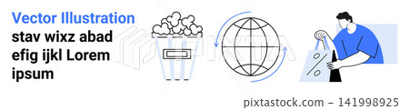 Shopping trends, digital economy, entertainment, global connections, retail, consumerism. Minimal design of popcorn, globe shopping bag. Global connections and shopping trends concept Shopping trends, digital economy, entertainment, global connections, retail, consumerism. Minimal design of popcorn, globe shopping bag. Global connections and shopping trends concept 141998925