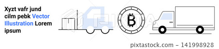 Cryptocurrency, logistics, digital payments, shipping, blockchain, cargo delivery. Delivery truck and Bitcoin symbol next to cargo boxes. Cryptocurrency and logistics integration concept 141998928