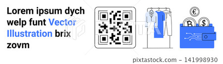 E-commerce, digital transactions, retail, online shopping, virtual payments, barcode scanning. QR code, hanging clothes currency in a digital wallet. E-commerce and digital transactions concept E-commerce, digital transactions, retail, online shopping, virtual payments, barcode scanning. QR code, hanging clothes currency in a digital wallet. E-commerce and digital transactions concept 141998930