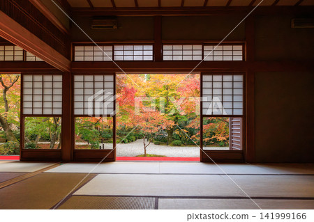 Autumn leaves in the Jūgyū-no-niwa garden viewed from the Zuiun-kaku pavilion at Enkō-ji Temple in Kyoto. Autumn leaves in the Jūgyū-no-niwa garden viewed from the Zuiun-kaku pavilion at Enkō-ji Temple in Kyoto. 141999166