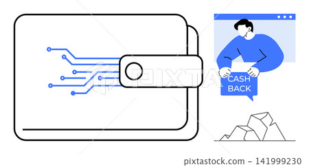 Digital transactions, modern finance, cashback programs, electronic payments, e-commerce, and rewards. a digital wallet with circuit design and a person holding a cashback sign. Digital transactions 141999230