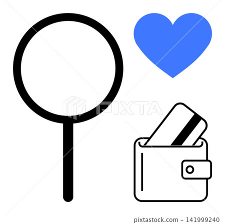 Online payment, financial security, e-commerce, search functionality, financial services, conceptual icons. Magnifying glass, heart symbol and wallet with a card. Financial security and e-commerce Online payment, financial security, e-commerce, search functionality, financial services, conceptual icons. Magnifying glass, heart symbol and wallet with a card. Financial security and e-commerce 141999240