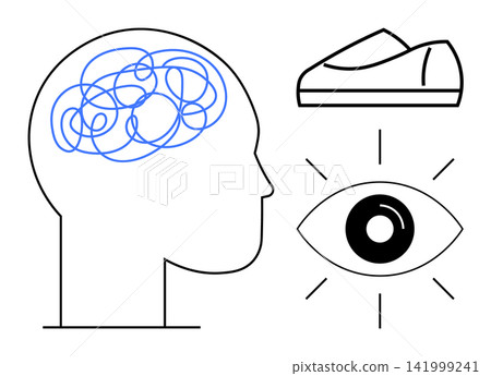 Problem-solving, perception, cognitive science, decision-making, creativity, mental awareness. Minimalist design of a head with tangled brain, eye and shoe icons. Problem-solving and perception Problem-solving, perception, cognitive science, decision-making, creativity, mental awareness. Minimalist design of a head with tangled brain, eye and shoe icons. Problem-solving and perception 141999241