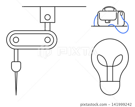 Technology, innovation, manufacturing, industrial design, creative process, modern ideas. Minimalistic designs include a machine arm, a light bulb and a bag. Technology and innovation concepts 141999242