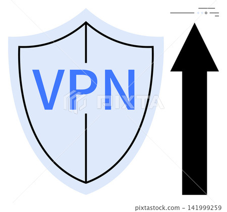 Cybersecurity, internet privacy, data protection, online security, VPN technology, digital safety. Blue shield with VPN text and a black upward arrow. Cybersecurity and internet privacy concept Cybersecurity, internet privacy, data protection, online security, VPN technology, digital safety. Blue shield with VPN text and a black upward arrow. Cybersecurity and internet privacy concept 141999259