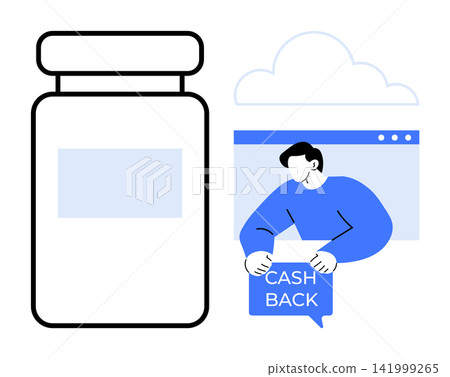 Online shopping, medicine delivery, cashback offers, e-commerce, financial savings, healthcare. A medicine bottle and a person holding a cashback sign in a browser window. Online shopping Online shopping, medicine delivery, cashback offers, e-commerce, financial savings, healthcare. A medicine bottle and a person holding a cashback sign in a browser window. Online shopping 141999265