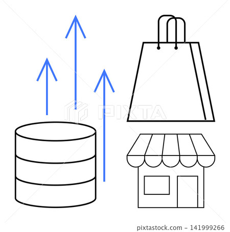 E-commerce, retail analytics, business growth, database systems, sales trends, digital marketplaces. Shopping bag, storefront database icon with arrows indicating growth. E-commerce and retail E-commerce, retail analytics, business growth, database systems, sales trends, digital marketplaces. Shopping bag, storefront database icon with arrows indicating growth. E-commerce and retail 141999266