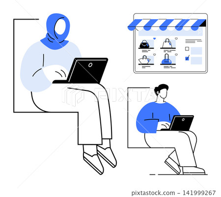 E-commerce, online retail, remote work, digital communication, shopping, diversity. Two people browsing an online store with laptops. E-commerce and online retail E-commerce, online retail, remote work, digital communication, shopping, diversity. Two people browsing an online store with laptops. E-commerce and online retail 141999267