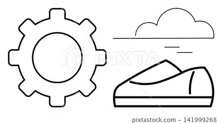 Technology, innovation, sports, outdoor activities, modern design, and automation. Gear icon next to a sneaker and cloud outline. Technology and innovation with sports Technology, innovation, sports, outdoor activities, modern design, and automation. Gear icon next to a sneaker and cloud outline. Technology and innovation with sports 141999268