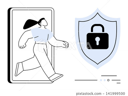 Cybersecurity, data protection, online privacy, identity validation, secure networks, safe technology. Woman stepping out of device and locked shield icon. Cybersecurity and data protection ideas Cybersecurity, data protection, online privacy, identity validation, secure networks, safe technology. Woman stepping out of device and locked shield icon. Cybersecurity and data protection ideas 141999500