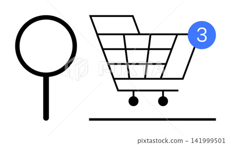 Ecommerce, digital shopping, web browsing, online cart management, retail transactions, internet purchases. Shopping cart with notification and search icon. Ecommerce and digital shopping concept Ecommerce, digital shopping, web browsing, online cart management, retail transactions, internet purchases. Shopping cart with notification and search icon. Ecommerce and digital shopping concept 141999501