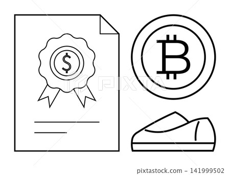 Cryptocurrency trading, e-commerce, financial certification, digital payments, blockchain, investment. Outline design of a Bitcoin coin, certificate with dollar symbol and shoe. Cryptocurrency Cryptocurrency trading, e-commerce, financial certification, digital payments, blockchain, investment. Outline design of a Bitcoin coin, certificate with dollar symbol and shoe. Cryptocurrency 141999502