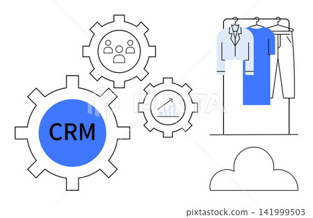 Business management, CRM systems, fashion retail, cloud technology, productivity tools, data analysis. Gear icons labeled CRM and a clothing rack. Business management and CRM systems concept Business management, CRM systems, fashion retail, cloud technology, productivity tools, data analysis. Gear icons labeled CRM and a clothing rack. Business management and CRM systems concept 141999503