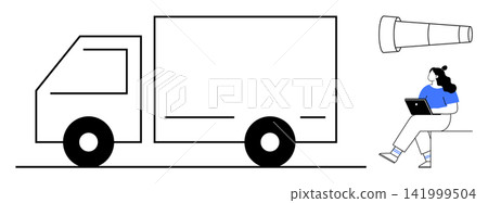 Logistics, remote work, planning, transportation, delivery services, future vision. A truck, telescope and seated woman with a laptop. Logistics and remote work concept Logistics, remote work, planning, transportation, delivery services, future vision. A truck, telescope and seated woman with a laptop. Logistics and remote work concept 141999504