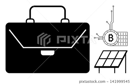Cryptocurrency, blockchain, green energy, sustainable investment, innovation, decentralized finance. Black briefcase next to a Bitcoin circuit and solar panel. Cryptocurrency and green energy Cryptocurrency, blockchain, green energy, sustainable investment, innovation, decentralized finance. Black briefcase next to a Bitcoin circuit and solar panel. Cryptocurrency and green energy 141999545