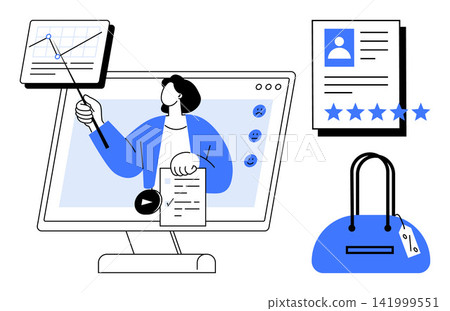 Online learning, data analytics, e-commerce, digital marketing, career development, user experience. Person presenting data on screen. Data analytics and e-commerce visualization concept Online learning, data analytics, e-commerce, digital marketing, career development, user experience. Person presenting data on screen. Data analytics and e-commerce visualization concept 141999551
