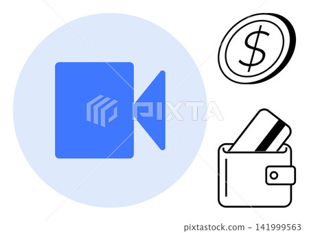 Digital payments, online shopping, video streaming, financial transactions, e-commerce, and subscriptions. Blue video camera icon, wallet with credit card dollar coin. Online payments and video Digital payments, online shopping, video streaming, financial transactions, e-commerce, and subscriptions. Blue video camera icon, wallet with credit card dollar coin. Online payments and video 141999563