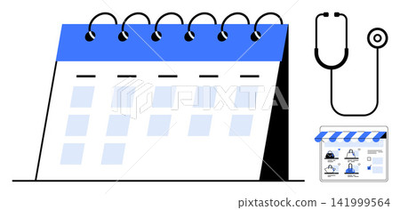 Healthcare planning, appointment setting, medical services, online booking, time management, telemedicine. Spiral-bound calendar, stethoscope and online store graphic. Healthcare planning Healthcare planning, appointment setting, medical services, online booking, time management, telemedicine. Spiral-bound calendar, stethoscope and online store graphic. Healthcare planning 141999564