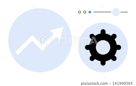Business strategy, productivity tools, process optimization, analytics, system updates, goal setting. Upward arrow and gear with progress indicator symbols. Business strategy and productivity tools Business strategy, productivity tools, process optimization, analytics, system updates, goal setting. Upward arrow and gear with progress indicator symbols. Business strategy and productivity tools 141999565