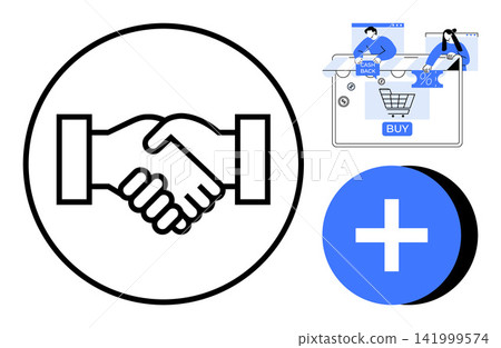 Business growth, teamwork, online shopping, e-commerce, digital solutions, collaboration. Handshake icon, shopping cart cashback and add icon. Business growth and collaboration concept Business growth, teamwork, online shopping, e-commerce, digital solutions, collaboration. Handshake icon, shopping cart cashback and add icon. Business growth and collaboration concept 141999574
