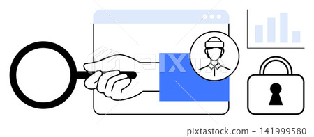 Identity verification, cybersecurity, analytics, user authentication, privacy protection, data analysis. Magnifying glass, user profile icon webpage and lock graphics. Identity verification Identity verification, cybersecurity, analytics, user authentication, privacy protection, data analysis. Magnifying glass, user profile icon webpage and lock graphics. Identity verification 141999580