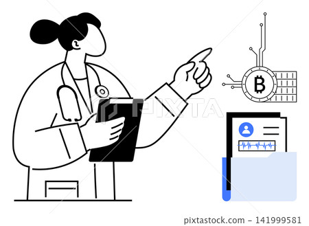 Healthcare technology, blockchain security, cryptocurrency in medicine, medical data privacy, digital health records, financial healthcare innovation. Doctor with clipboard pointing at blockchain Healthcare technology, blockchain security, cryptocurrency in medicine, medical data privacy, digital health records, financial healthcare innovation. Doctor with clipboard pointing at blockchain 141999581