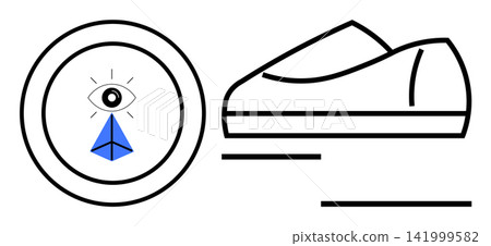 Eye awareness, vision identity, geometric style, modern outlines, creative design, footwear branding. Circular eye with blue symbol and line art sneaker. Eye awareness and vision identity concept Eye awareness, vision identity, geometric style, modern outlines, creative design, footwear branding. Circular eye with blue symbol and line art sneaker. Eye awareness and vision identity concept 141999582