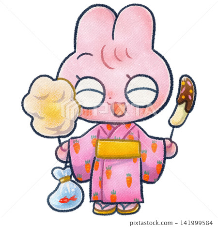 一幅兔子穿著浴衣參加節慶慶典的柵格插圖。 一幅兔子穿著浴衣參加節慶慶典的柵格插圖。 141999584