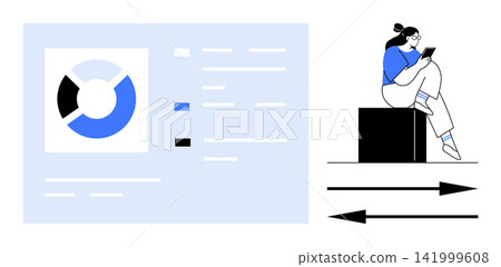 Data analytics, user management, teamwork, online education, remote learning, digital strategy. Pie chart and person on a block using a tablet. Data analytics and user management highlight 141999608