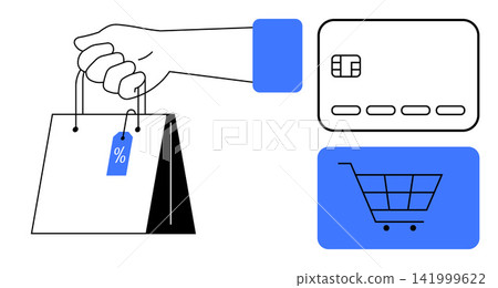 Online shopping, retail payment, discounts, e-commerce platforms, digital transactions, cashless shopping. Hand holding a shopping bag, credit card and shopping cart. Online retail Online shopping, retail payment, discounts, e-commerce platforms, digital transactions, cashless shopping. Hand holding a shopping bag, credit card and shopping cart. Online retail 141999622