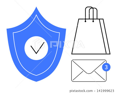 Online security, e-commerce, digital communication, privacy assurance, secure shopping, cybersecurity. Blue shield with tick mark, shopping bag and email with notification. Online security Online security, e-commerce, digital communication, privacy assurance, secure shopping, cybersecurity. Blue shield with tick mark, shopping bag and email with notification. Online security 141999623