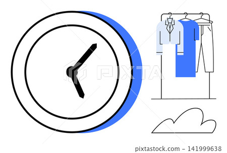 Time management, productivity, work-life balance, office attire, business planning, organization. A clock and clothing rack with garments. Time management and productivity concept Time management, productivity, work-life balance, office attire, business planning, organization. A clock and clothing rack with garments. Time management and productivity concept 141999638
