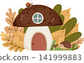 Whimsical autumn illustration of a cute mushroom house surrounded by colorful leaves, with a tiny snail on the roof and an adorable hedgehog near the entrance. Cozy woodland fairy tale design 141999883