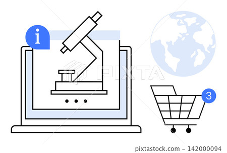 Science innovation, online education, global commerce, e-commerce, digital tools, connectivity. Microscope on a laptop screen, shopping cart globe icon. Science and online education concept Science innovation, online education, global commerce, e-commerce, digital tools, connectivity. Microscope on a laptop screen, shopping cart globe icon. Science and online education concept 142000094