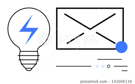 Communication, efficiency, energy, notifications, technology, digital messaging. A lightbulb with a lightning symbol next to an envelope icon. Communication and energy efficiency conceptual design 142000138