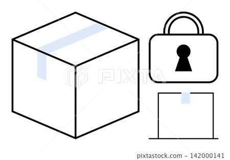 Shipping, logistics, privacy, data protection, security, secure packaging. A box and padlock symbol visually safety and protection. Shipping and security concept Shipping, logistics, privacy, data protection, security, secure packaging. A box and padlock symbol visually safety and protection. Shipping and security concept 142000141
