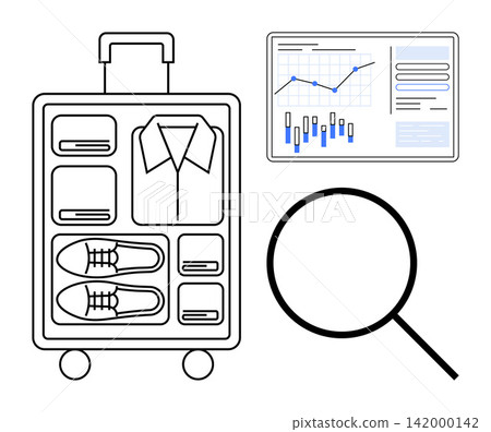Travel organization, data analysis, productivity, planning, exploration, efficiency. Neatly packed suitcase, magnifying glass bar chart with growth trend. Travel organization and data analysis Travel organization, data analysis, productivity, planning, exploration, efficiency. Neatly packed suitcase, magnifying glass bar chart with growth trend. Travel organization and data analysis 142000142