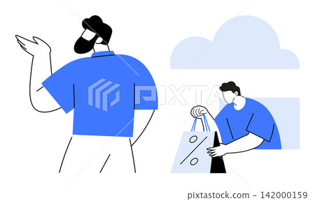 Online shopping, e-commerce, discounts, marketing, digital sales, consumer interaction. A man facing away and another holding a shopping bag with a cloud. E-commerce and online shopping concept Online shopping, e-commerce, discounts, marketing, digital sales, consumer interaction. A man facing away and another holding a shopping bag with a cloud. E-commerce and online shopping concept 142000159