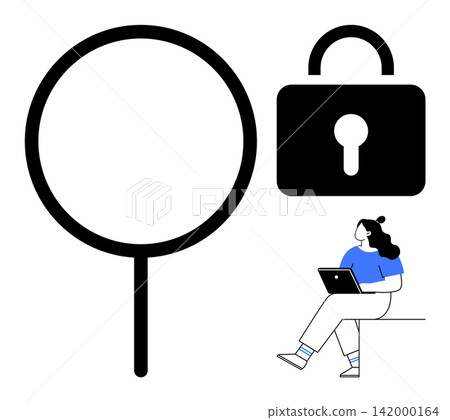 Cybersecurity, data protection, remote work, online research, privacy, digital education. Lock, a person sitting with a laptop large magnifying glass. Cybersecurity and data protection concept Cybersecurity, data protection, remote work, online research, privacy, digital education. Lock, a person sitting with a laptop large magnifying glass. Cybersecurity and data protection concept 142000164