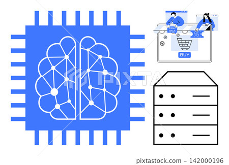 Artificial intelligence, neural networks, e-commerce, data storage, technology, online shopping. Circuit-thumbs up brain design, transaction interface and data server. AI and neural networks in Artificial intelligence, neural networks, e-commerce, data storage, technology, online shopping. Circuit-thumbs up brain design, transaction interface and data server. AI and neural networks in 142000196