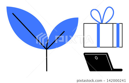 Sustainability, environmental awareness, digital tools, e-commerce, online gifting, technology trends. Stylized leaf, laptop and gift box icons. Sustainability and digital tools 142000241