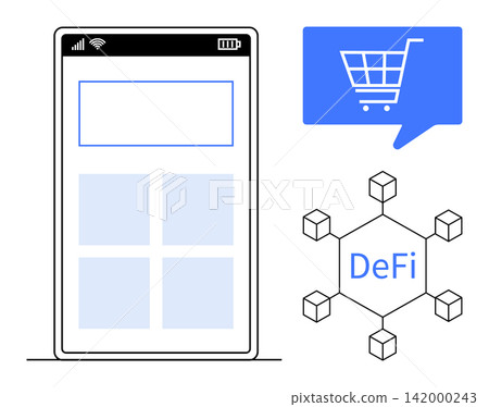 Financial technology, cryptocurrency, online payments, blockchain systems, e-commerce, and investment. Mobile interface with shopping cart icon and blockchain network. Financial technology 142000243