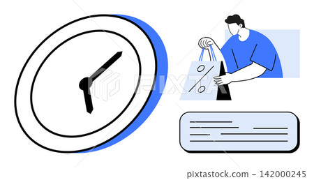 Time management, online shopping, retail discounts, productivity, consumer behavior, scheduling. Minimalistic clock illustration and person holding shopping bags. Time management and online shopping 142000245